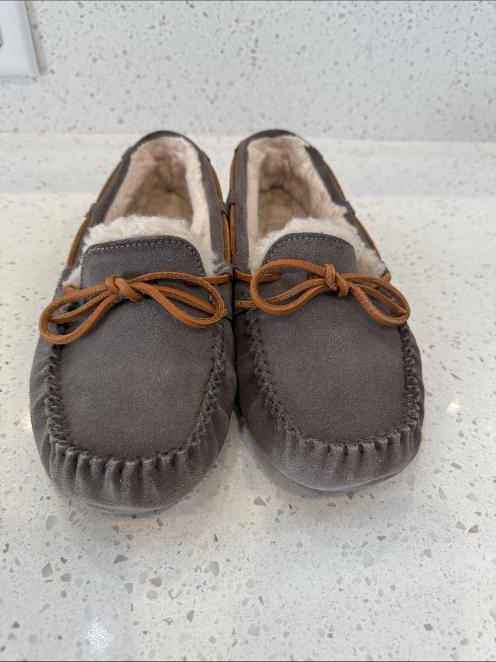 UGG Women's Gray Suede Shearling-Lined Moccasin Slippers with Tan Laces